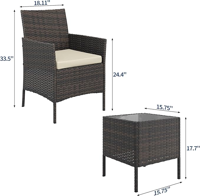 3-Piece Outdoor Furniture Set, PE Rattan Wicker Chairs with Soft Cushions & Tempered Glass Coffee Table - All-Weather Patio Set for Garden, Backyard, Porch, Poolside (Brown/Beige)