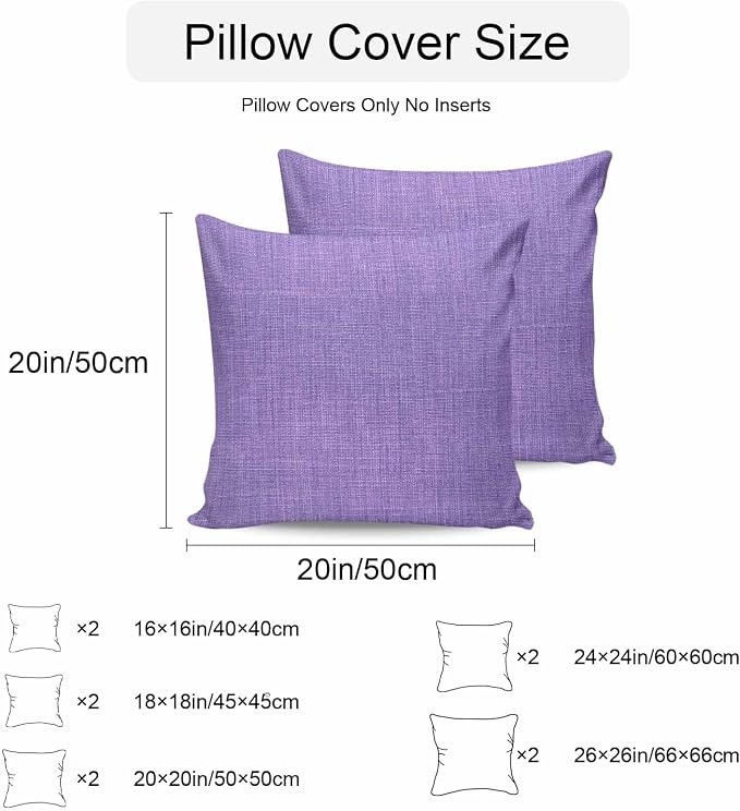 Pack of 2 Waterproof Outdoor Pillow Covers 20x20 Inch Decorative Pillow Covers Lavender Burlap Texture Throw Pillowcases Farmhouse Vintage Lavender Outdoor Cushion Cover for Couch, Patio, Tent