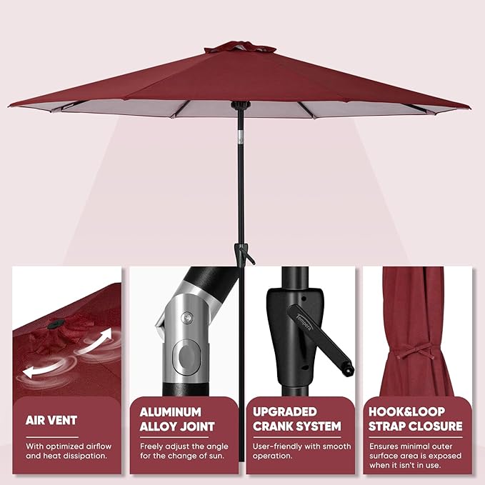 Tempera Patio Market Outdoor Table Umbrella with Push Button Tilt and Crank, Large Sun Umbrella with Sturdy Pole & Fade Resistant Canopy, Easy to Set