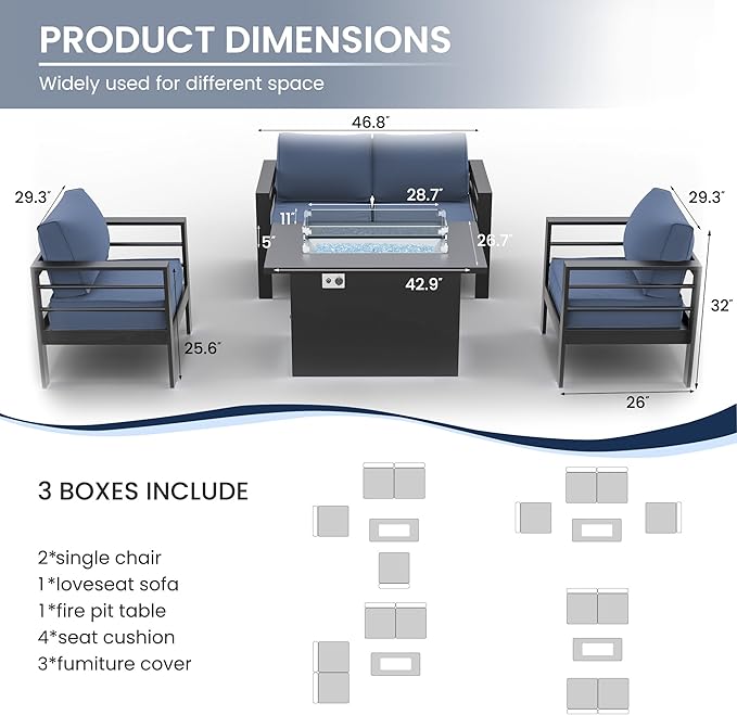Amopatio Patio Furniture with Fire Pit, 5 Pcs Aluminum Outdoor Sectional Metal Patio Sofa Sets with Aluminum Fire Pit Table for Backyard,Dark Grey&Blue(Included Waterproof Covers)
