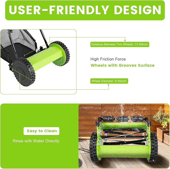 12" Manual Lawn Mower, 5-Blade Push Reel Grass Cutting Machine with Collection Box, Adjustable Height Dual Wheel Lawn Mower with Grass Catcher U-Shaped Handle for Garden Yard