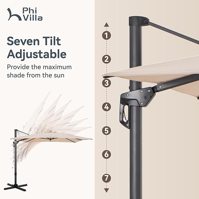 PHI VILLA 10ft Cantilever Patio Umbrella with Crank Handle, 7-Level Tilt & 360° Rotation, Aluminum Square Outdoor Offset Umbrella Windproof & Crashproof for Garden, Deck, Pool (Beige)