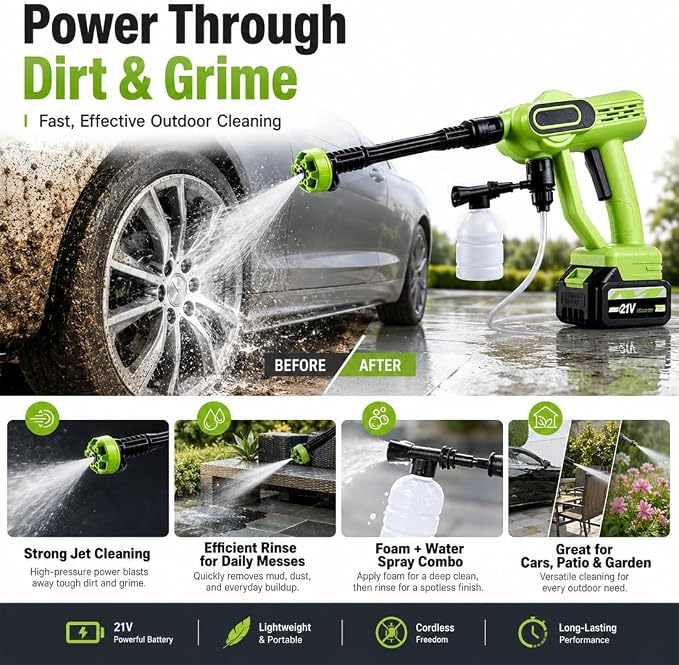2026 Upgrade Cordless Portable Pressure Washer,1800 Psi Battery Powered Power Washer,Cordless Pressure Washer with 6-in-1 Nozzle,16.5ft Drain Hose & Foam Cannon,for Car,Home,Patio (A, 5 Battery*2)