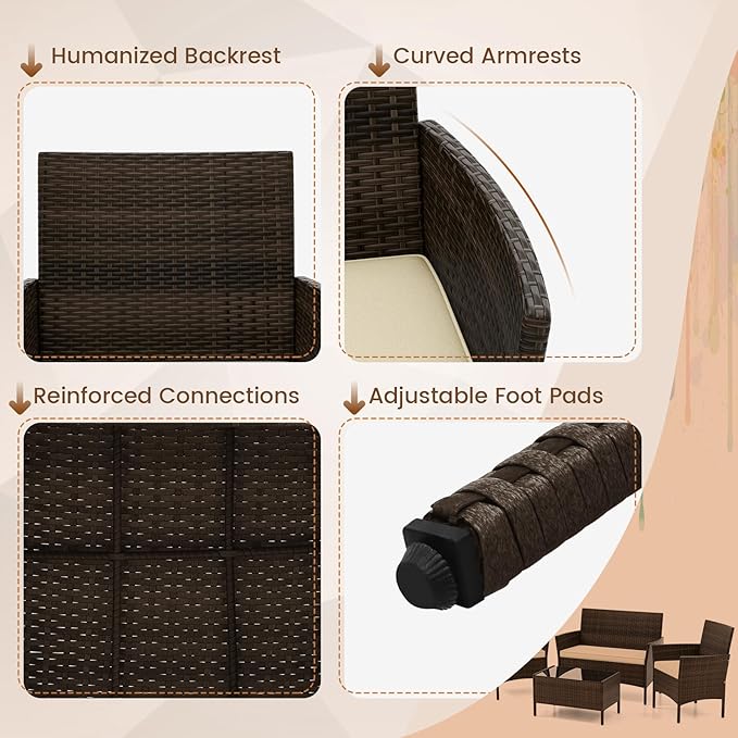 DORTALA 4-Piece Rattan Patio Furniture Set, Outdoor Table & Chair Set with Tempered Glass Coffee Table, Cushion, Wicker Conversation Set for Garden, Lawn, Poolside and Backyard, Beige