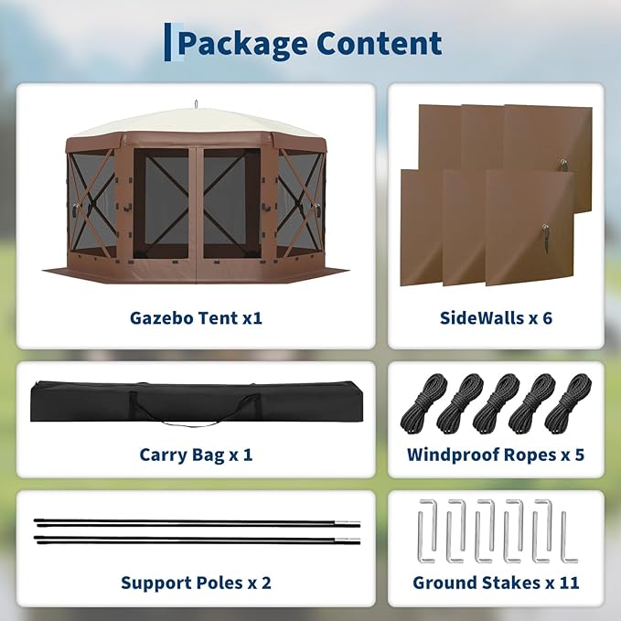 GarveeLife 13x13FT 6-Sided Pop Up Canopy Tent，One-Push Setup Canopy Tent with Removable Canopy Top & Wind Cloths, Outdoor shelter for Camping, Backyard Parties, Outdoor Events - Beige & Khaki