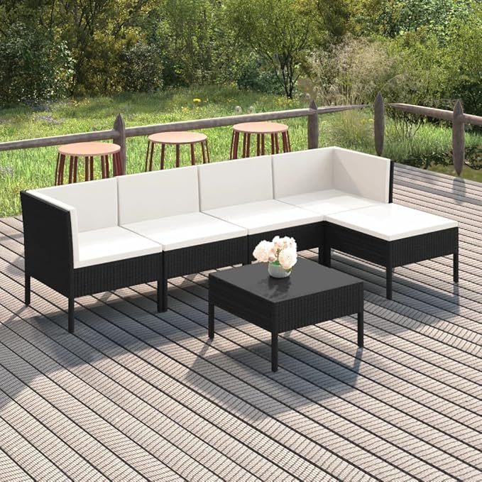 6 Piece Patio Lounge Set with Cushions,Patio Sofa,Outdoor Daybed,Patio Seating,Outdoor Furniture Sets,Patio Conversation Sets,Modern Set,Outdoor Patio Chairs,Patio Furniture Set, Poly Rattan Black