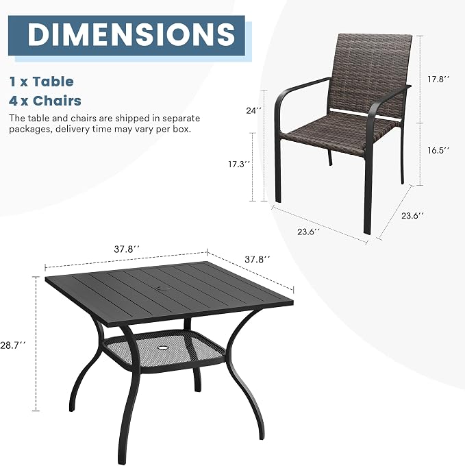 DIFY 5 Piece Outdoor Dining Set for 4, 37.8" Black Square Metal Dining Table with Umbrella Hole and Stackable Wicker Patio Chairs, All-Weather Patio Table and Chairs Set for Deck Garden Backyard