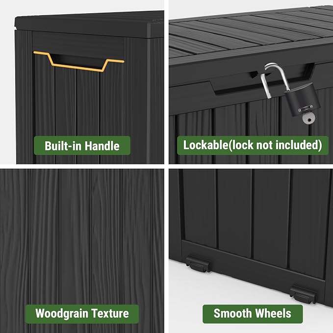 Mars Villa 72 Gallon Deck Box, Waterproof Weatherproof and UV Resistant Resin Storage Bin with Lockable Lid, Ideal for Outdoor Patio Furniture Cushions, Pool Supplies, Garden Tools, Black
