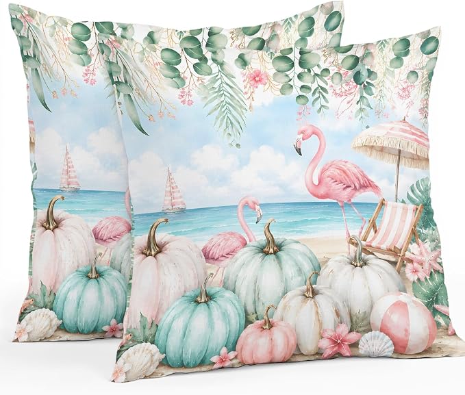 Coastal Fall Throw Pillow Covers 16x16 Inch Set of 2, Thanksgiving Waterproof Outdoor Pillow Covers, Flamingo Pumpkins Eucalyptus Decorative Cushion Pillowcases for Couch, Sofa, Bed, Garden, Patio