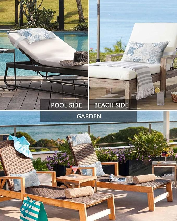 Lumbar Pillow Covers Set of 2, Blue Grey Coastal Waterproof Outdoor Chaise Lounge Pillow Covers with Elastic Strap, Sea Turtle Nautical Coral Summer Beach Headrest Pillowcase for Patio, 12 x 20