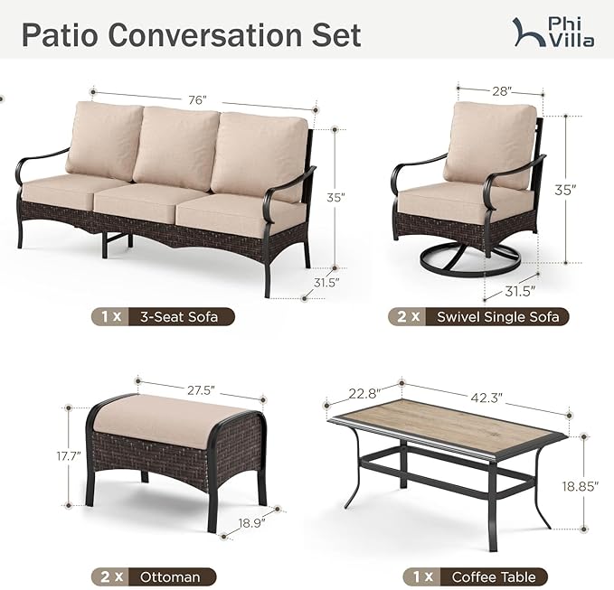 PHI VILLA Outdoor Modern Patio Furniture Set, Upgraded Wicker & Metal Patio Conversation Set with Waterproof Thick Cushions for Porch, Poolside, Yard(6 Pieces,Beige)