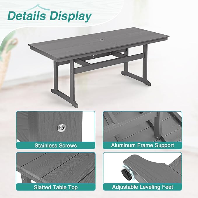 9 Piece Patio Dining Set, 80" Rectangle HDPS Weather Resistant Outdoor Table & 8 Patio Chairs Set with 1.96" Umbrella Hole, 300LBS Heavy Duty for Backyard Deck Balcony, Grey