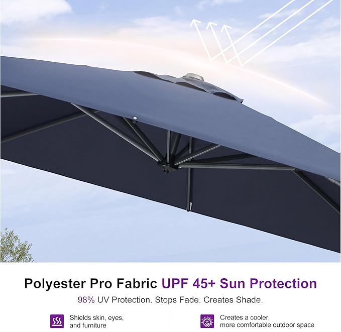 PURPLE LEAF 9' X 11.5' Cantilever Outdoor Rectangle Umbrella Patio Umbrella with Base Offset Umbrella with 360-degree Rotation for Garden Pool Deck Patio Navy Blue