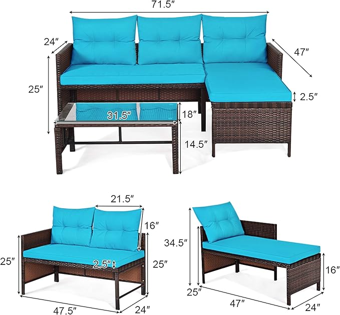 DORTALA 3 Piece Wicker Patio Furniture Set, PE Rattan Outdoor Sectional Sofa Conversation Set with Loveseat, Lounge and Tempered Glass Coffee Table for Garden Lawn Deck (Turquoise)