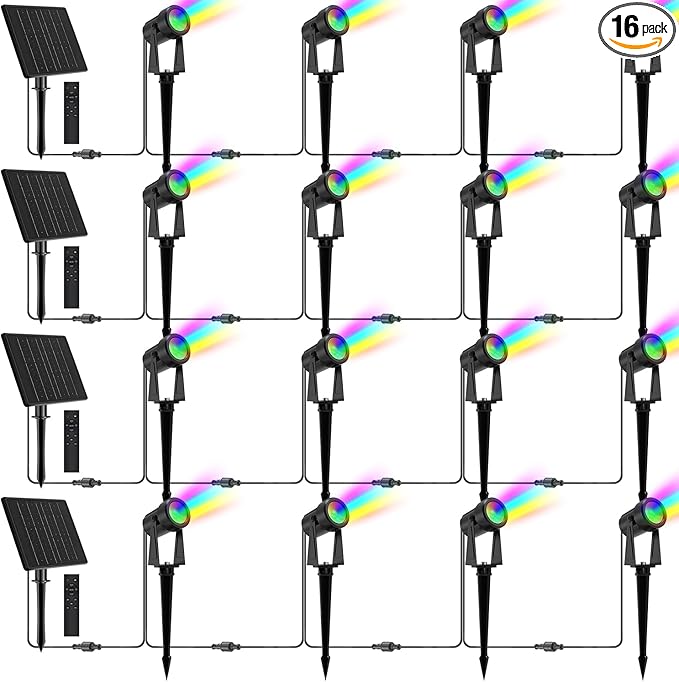 ZYAN Solar Color Changing RGB Spotlights with Remote, Separate Monocrystalline Panels & USB-C Powered, Auto On Off, Outdoor IP65 Waterproof for Patio Yard Path (16 Pack)