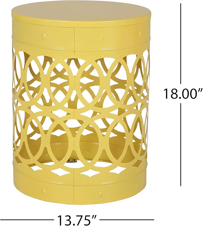 Outdoor Round Metal End Table Cut Out Design, Metal Round Patio Table Garden Stool Side Tables for Indoor Outdoor (Yellow)