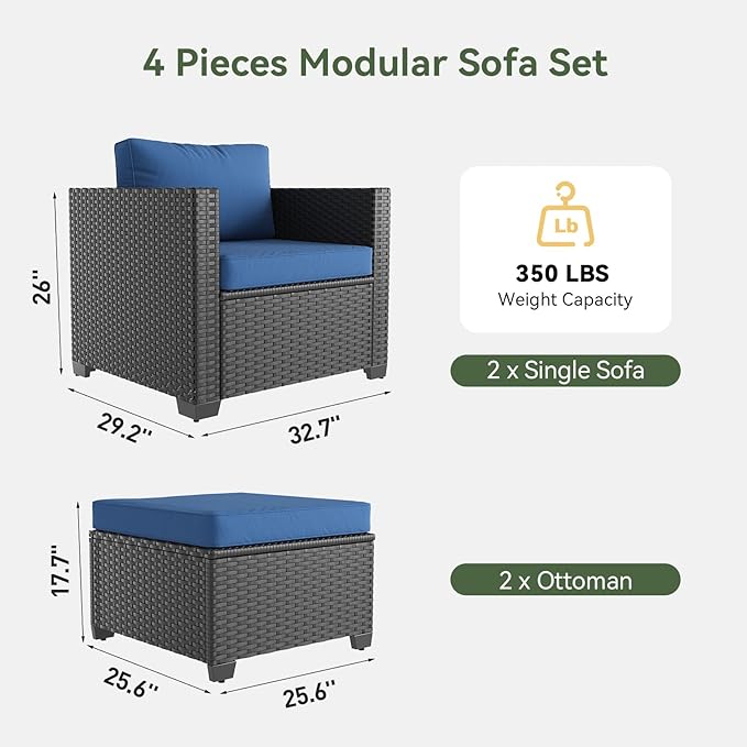 Aoxun 4 Piece Patio Furniture Set with Ottomans, Wicker Outdoor Furniture Conversation Set with 4" Thick Cushions for Deck Yard and Poolside Navy Blue