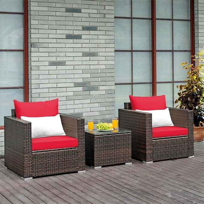 3PCS Patio Rattan Furniture Set Conversation Sofa Cushioned Garden Red
