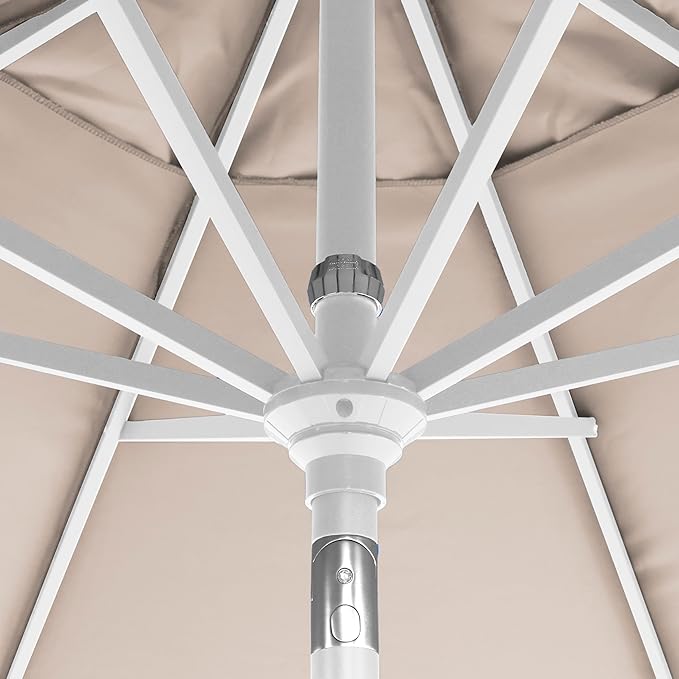 California Umbrella 12-Year-Non-Fading, 9Ft Premium Sunbrella Patio Umbrella, Hand-Crank, Button-Tilt, White Frame, Taupe Fabric