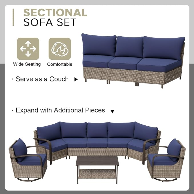 COOS BAY Aurora Terrace 7 Piece Outdoor Sectional Furniture Set, Half Moon Rattan Wicker Conversation Set with Swivel Chairs, 5 Seat Sofa, Coffee & Side Table for Patio Garden Yard, Beige/Blue