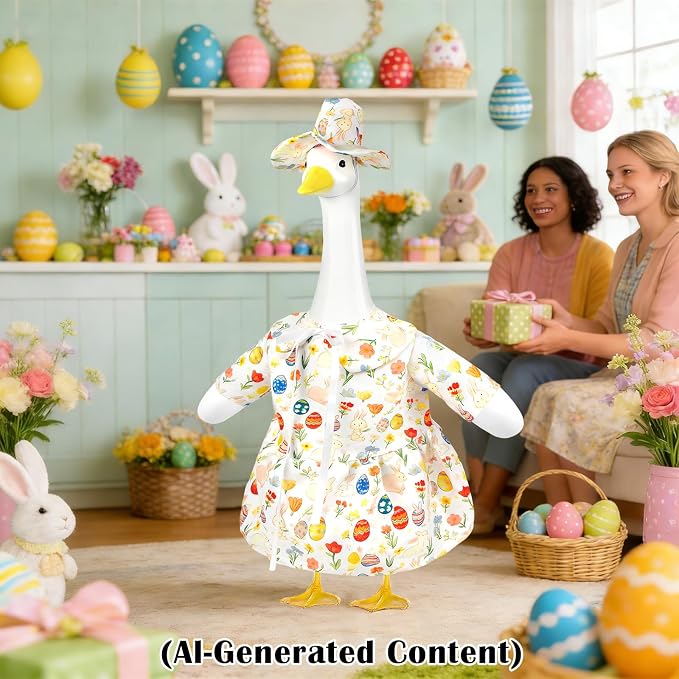 Easter Porch Goose Outfits, Bunny Goose Clothes Fits 17-23 In Statue | Spring Cute Goose Outfit Costume with Hat for Outdoor Garden Patio Yard Lawn Party Plastic Cement Decoration
