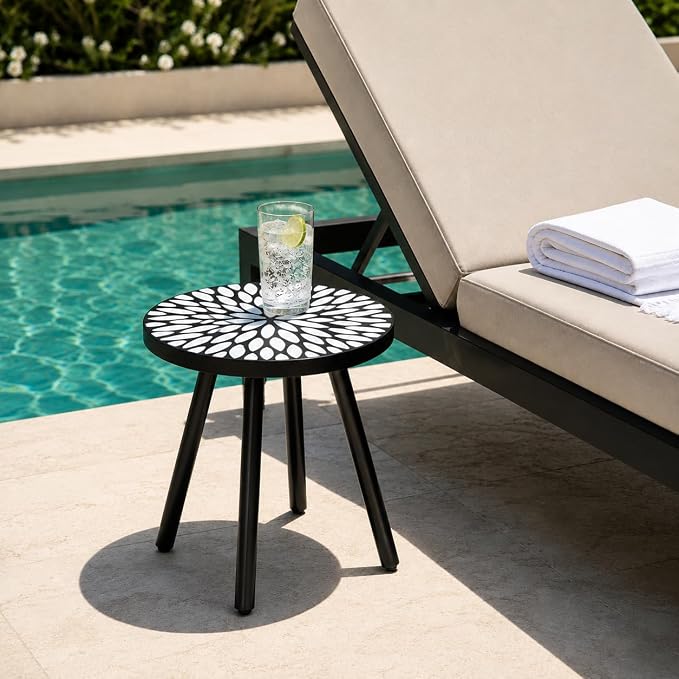 Laurel Outdoor Side Table, 18" Mosaic Round Accent Table with Ceramic Tile Tabletop and Steel Frame, Indoor Small Decorative Plant Stand & End Table for Living Room, Patio, Garden - Black/White