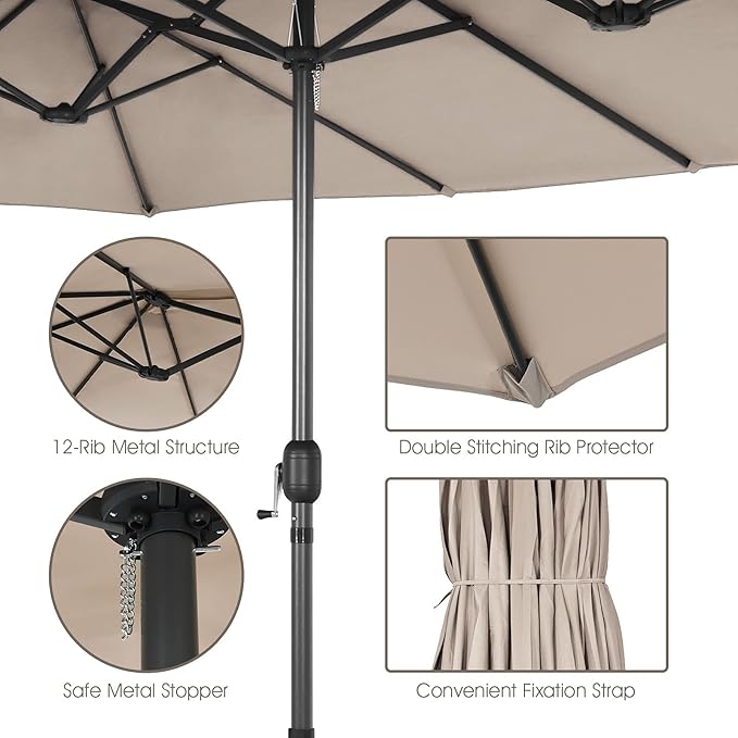 Tangkula 15FT Double-Sided Patio Umbrella, Outdoor Market Umbrella W/Hand-Crank System & Enhanced Base, Ultra-Large Twin Garden Umbrella W/ 12-Rib Structure for Residential & Commercial Use (Beige)