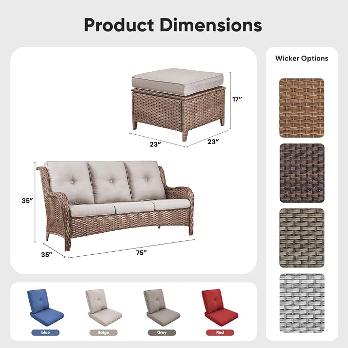 Belord 3-Piece PE Wicker Outdoor Sofa with 2 Ottomans, Luxury Patio Couch Convertible to Chaise Lounge, All-Weather High Back Deep Seat Woven Furniture for Deck, Porch - Yellow
