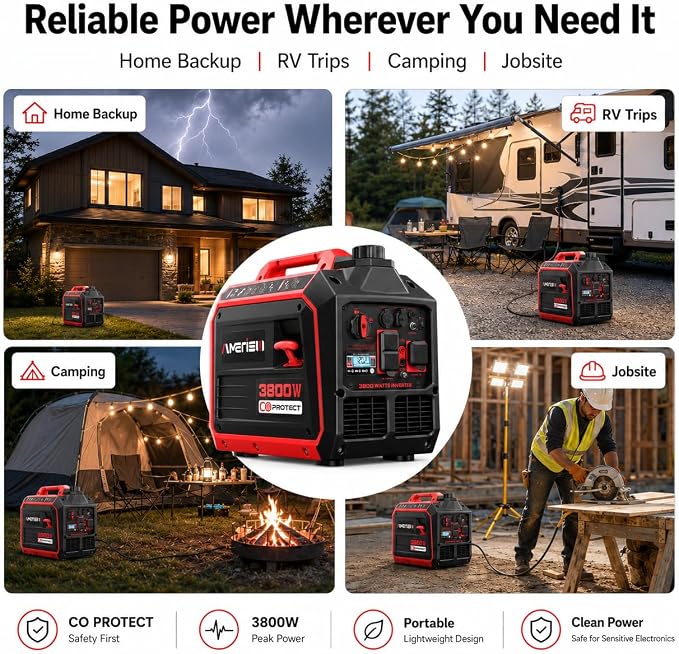 AMERISUN Portable Inverter Generator, 3800W Gas Powered Generator, Super Quiet for Home Use, ECO Mode, CO Sensor, Parallel Capable Long Run Time for Camping Tailgating, EPA Compliant