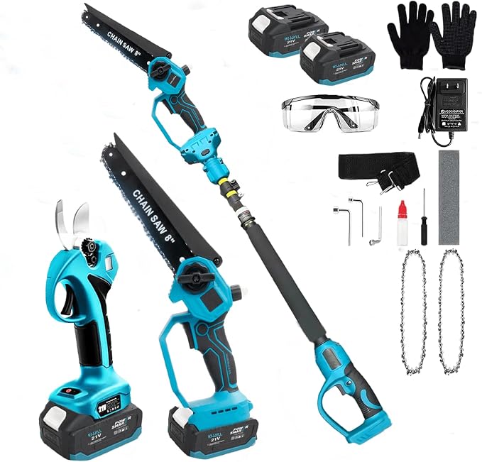 4-in-1 Cordless Pole Saw & Electric Pruning Shears, 8-inch Mini Chainsaw, Pole Pruner, Brushless Motor,