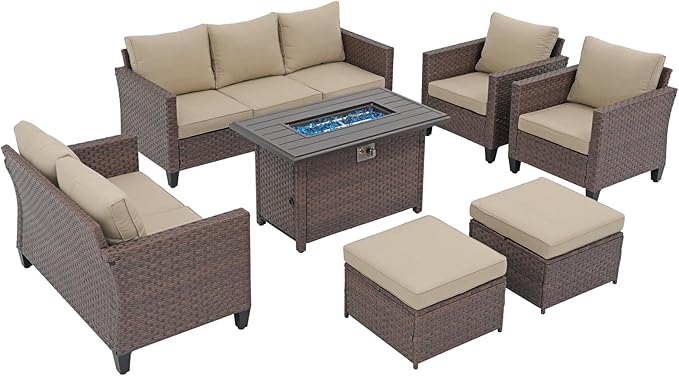 SUNSITT Outdoor Patio Furniture Set with Fire Pit Table 7 Piece Wicker Conversation Set with 43in Propane Firepit Sectional Dining Set 3 Seat Sofa Couch with Ottoman, Brown Wicker & Beige Cushion