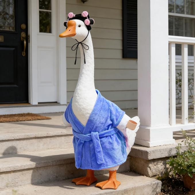Old Lady Porch Goose Outfits Grandma Goose Clothes Glasses Curly Wig Floral Print Dress Cardign and Pearl Necklace,23'' Geese Statue Outdoor Patio Yard Lawn Decoration (Blue)