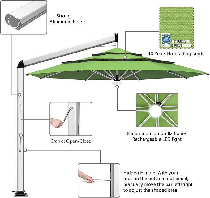EliteShade USA Atlas 3-Tier 11FT Full Aluminum Cantilever Patio Umbrella for Outdoor Restaurant Garden Courtyard Deck Pool and Marketing with Light (No battery), Macaw Green
