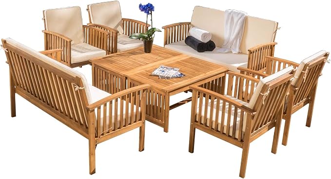 Christopher Knight Home 8-Piece Outdoor Patio Furniture Set, Acacia Wood Conversation Set with 2 Loveseats 2 Coffee Tables and 4 Chairs Cushions, Large Backyard Garden Chat Set, Light Wood