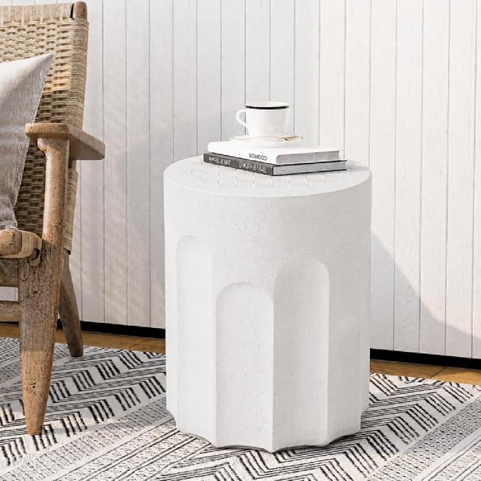 SUNBURY Outdoor Side Table, 15" W Small Outdoor End Table, Concrete Side Tables w Chessboard, Lightweight MgO Round Patio Side Tables, Garden Stool Plant Stand for Yard, Front Porch, Spotted White