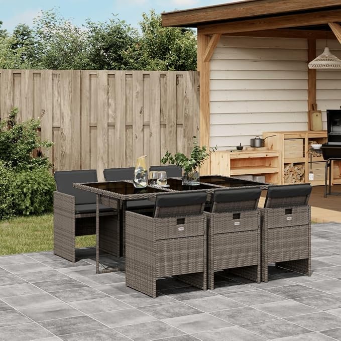 7 Piece Patio Dining Set with Cushions Gray Poly Rattan, Outdoor Table and 6 Chairs with Foldable Backrest, Tempered Glass Top, Removable Washable Cushion Covers for Garden Backyard Deck Entertaining
