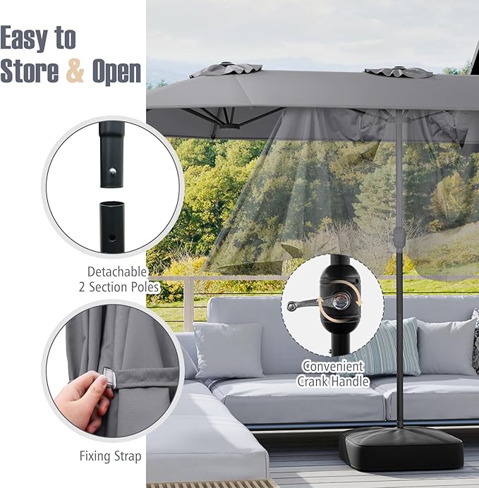 Tangkula 13FT Double-sided Patio Umbrella, Extra Large Twin Table Umbrella with Crank Handle, Umbrella Base, Safety Lock, Air Vent, Outdoor Market Umbrella for Garden Pool Backyard (Gray)