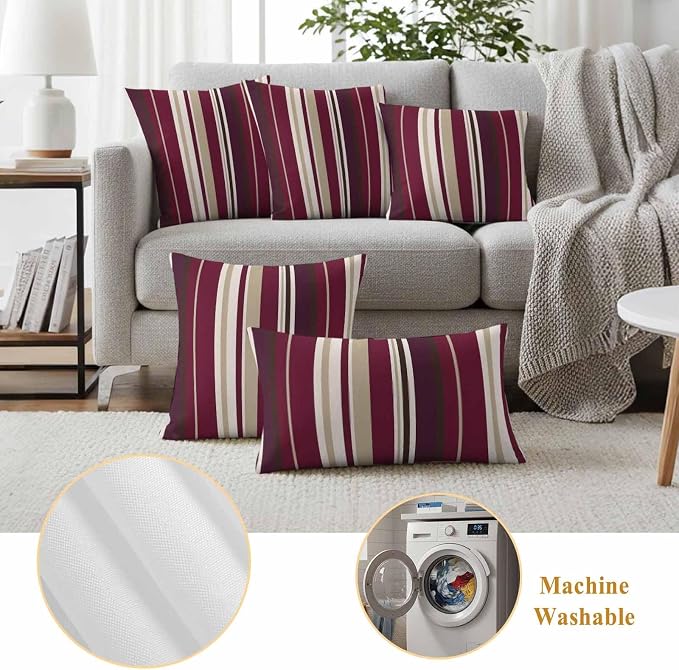 Outdoor Waterproof Throw Pillow Covers Set of 2 Red Striped Pillowcases 26x26 Inches Geometric Beige Stripes Decorative Pillows Cushion Case Patio Pillows for Couch Bed Chair Garden