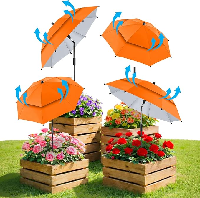 4 Pack 24.9" Double Canopy 47.2" Height Plant Umbrellas for Outdoor Plants, 3D Stakes 360° Adjustable Plant Shades for Outdoor Plants, Garden