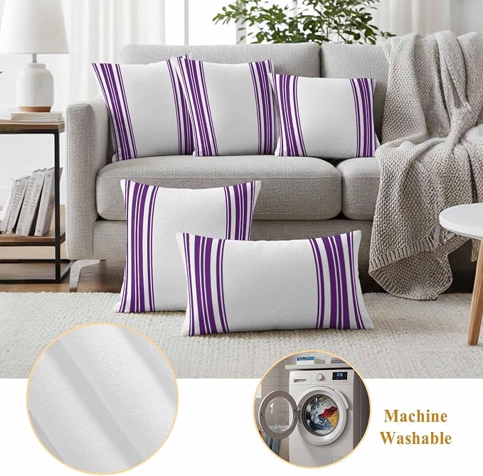 Outdoor Waterproof Throw Pillow Covers Set of 2 Purple Stripes Pillowcases 18x18 Inches White Vertical Striped Decorative Pillows Cushion Case Patio Pillows for Couch Bed Chair Garden