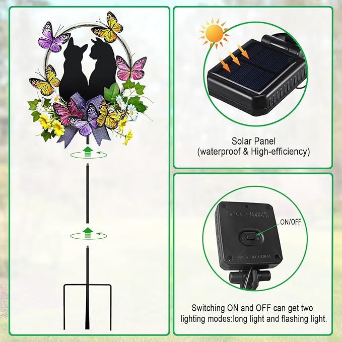 Cat Solar Lights Outdoor Garden,Colorful LED Light with Black Cat Decorations and Butterfly Flowers Yard Stakes for Pathway,Lawn,Patio,Gifts for Women