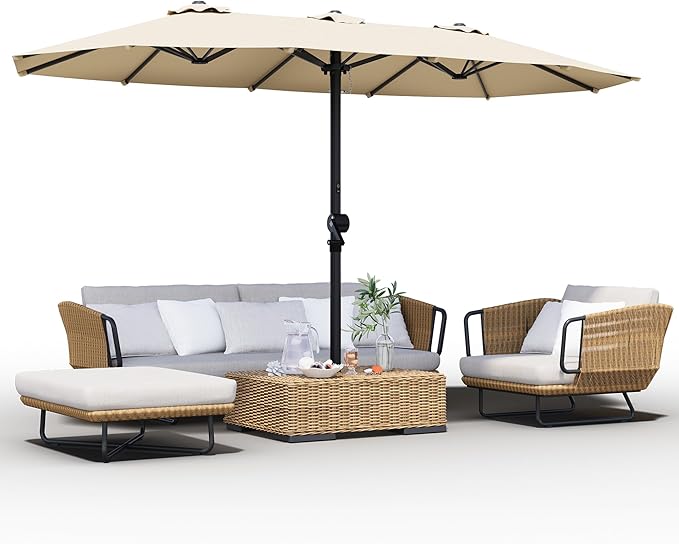 GDPFN 15FT Large Patio Umbrella, Outdoor Deck Standing Umbrella with Crank Handle, Double-Side Rectangular Pool Umbrella for Outside, Market, Patio, Beige (Base Not Include)