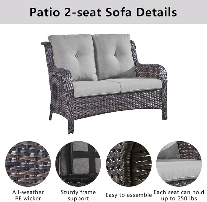 Belord 6 Pieces Patio Furniture Set Outdoor Wicker Furniture, 2 Patio Wicker Chairs with 1 Loveseat Sofa, Coffee Table and Ottomans, Patio Conversation Set for Porch Garden Deck Balcony Poolside
