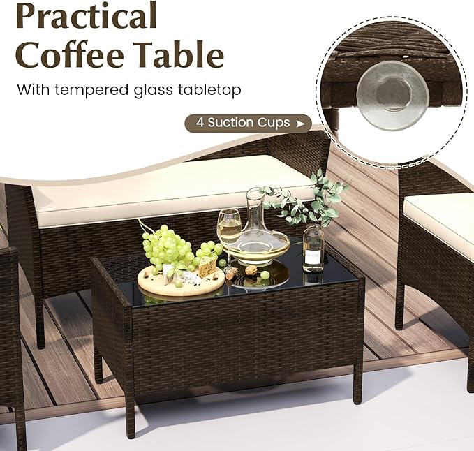 Tangkula 4 Piece Patio Rattan Conversation Set, Outdoor Wicker Furniture Set with Chair, Loveseat & Tempered Glass Table, Cozy Seat Cushions, Outside Sectional Sofa Set for Backyard, Porch (1, Beige)