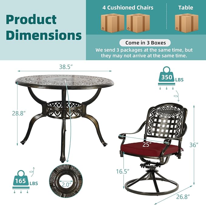 MEETWARM 5-Piece Outdoor Patio Dining Set, All-Weather Cast Aluminum Patio Conversation Set with 4 Cushions Swivel Rocker Chairs for Backyard Garden Deck and 38.5" Round Table, Chili Red