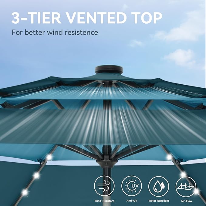 GREEN PARTY 10ft Patio Umbrella with Solar Lights, Auto-Tilt Lighted Market Table Umbrellas with Crank, 8 Sturdy Ribs & 1.5" Pole outdoor umbrellas for Patio Garden Deck Backyard Pool, Blue & Cerulean