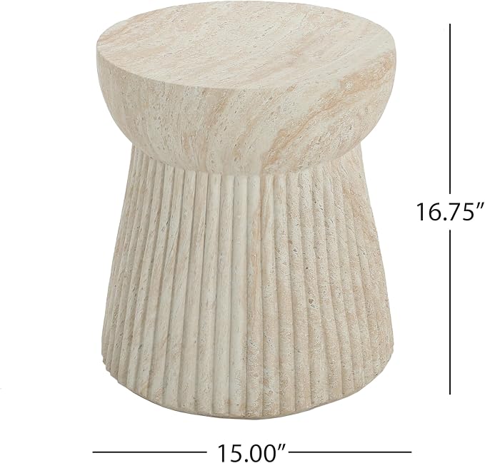 Outdoor Side Table Faux Marble End Table Faux Stone Side Tables Travertine Small Coffee Tables for Indoor Outdoor, Garden Stool for Porch, Backyard Patio, MgO,Weather Resistant,Round, Beige