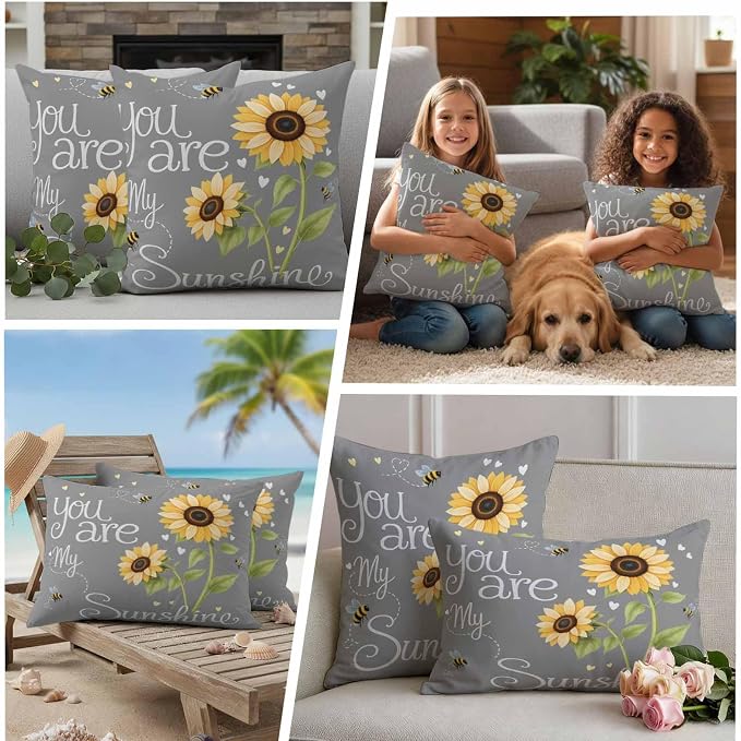 Outdoor Pillow Covers Letters You are My Sunshine Decorative Throw Pillow Covers, Pastoral Sunflowers on Gray Throw Cushion Case with Zipper for Patio,Couch,Sofa,Garden 18x18in Set of 2