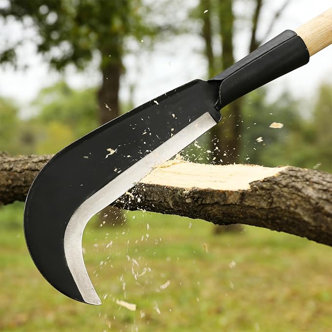 Sickle Garden Tool, Heavy Duty Carbon Steel Billhook Machete for Cutting Trees, Hand Grass Weeding Brush Clearing Sickle Knife with Wooden Handle Sharp Blade Portable for Yard Work Camping Farming