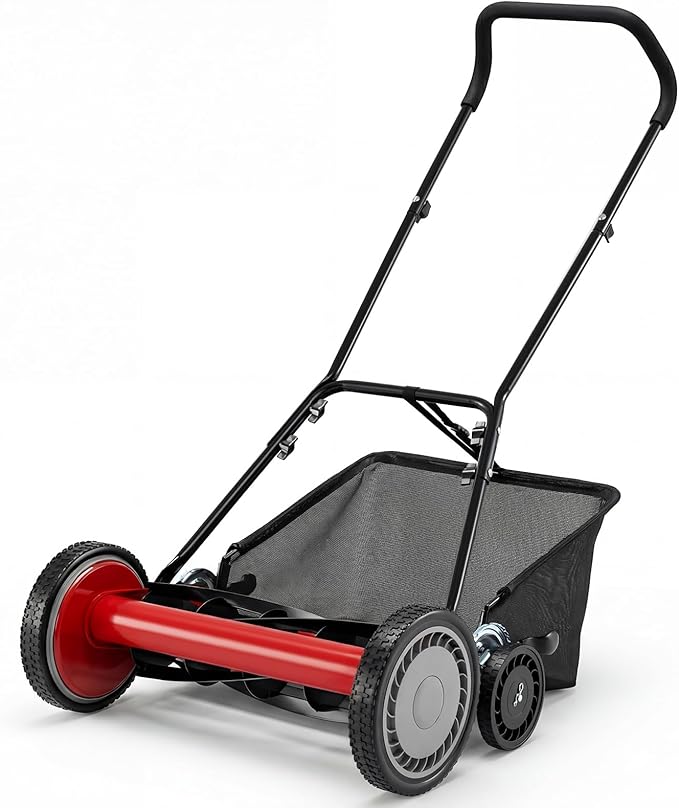 Push Reel Lawn Mower, Cordless 18" Manganese Steel Manual Grass Cutter with 5-Blade, Removable Grass Catcher, 9 Cutting Heights, Walk-Behind Lawn Mower for Garden Farm Yard (Red)